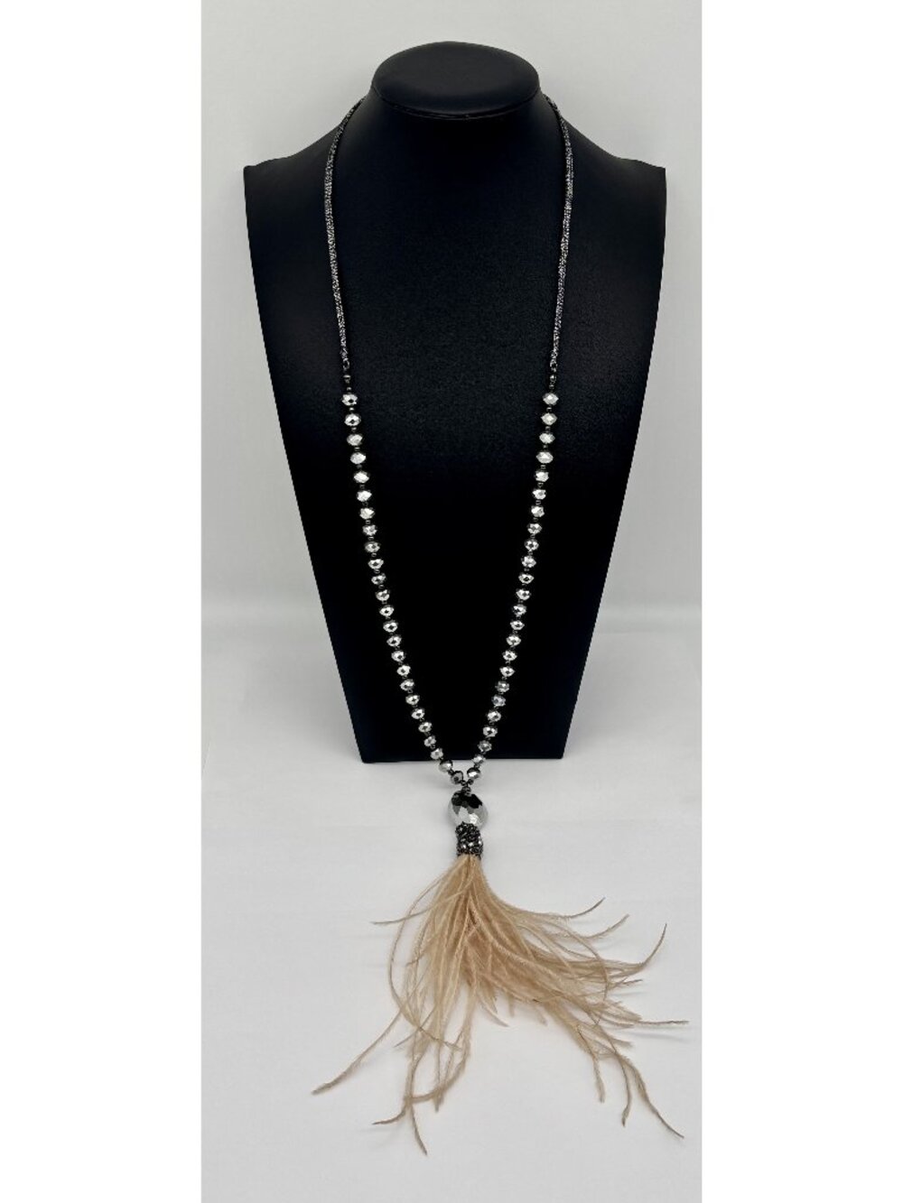 Chico's Long Beaded Necklace With a Pale Peach Feather Pendant Adjustable Signed